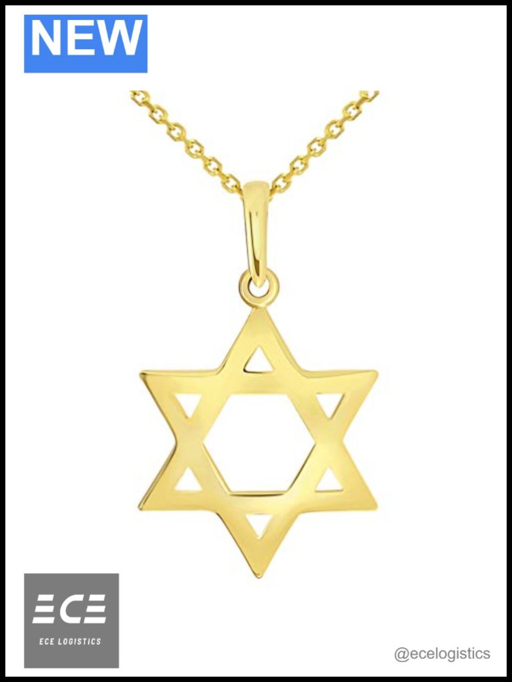 14k Yellow Gold Star of David Pendant Necklace Rolo Chain